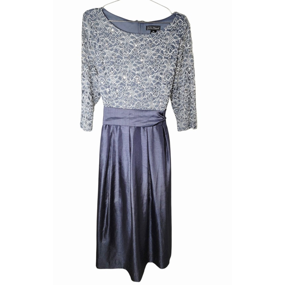 Jessica Howard Women's 18W Gray Lace Bodice Midi Dress Pleated Skirt 3/4 Sleeve - Picture 2 of 6